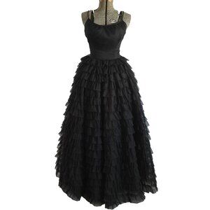 Vintage 1950s Small Black Chiffon Cupcake Bouffant Long Formal Gown